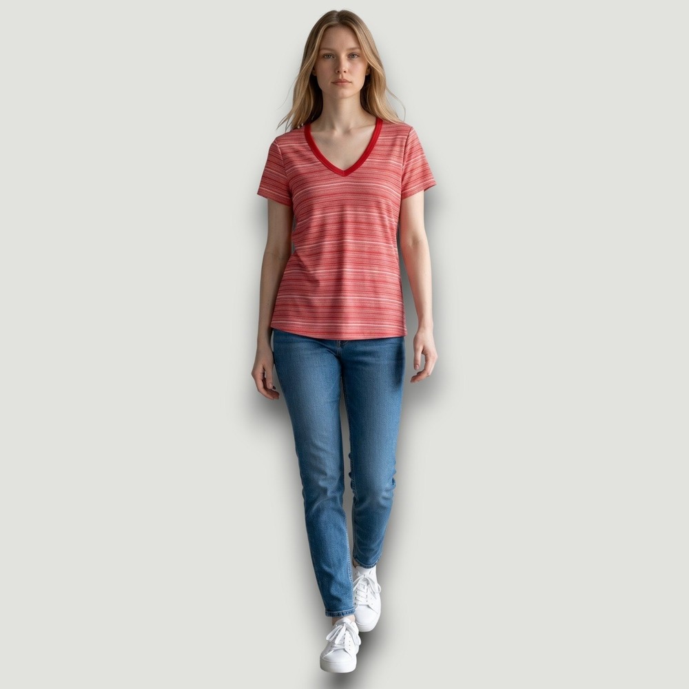 Universal Thread Womens‎ T-Shirt  M Red Striped V-Neck Space Dye Short Sleeve